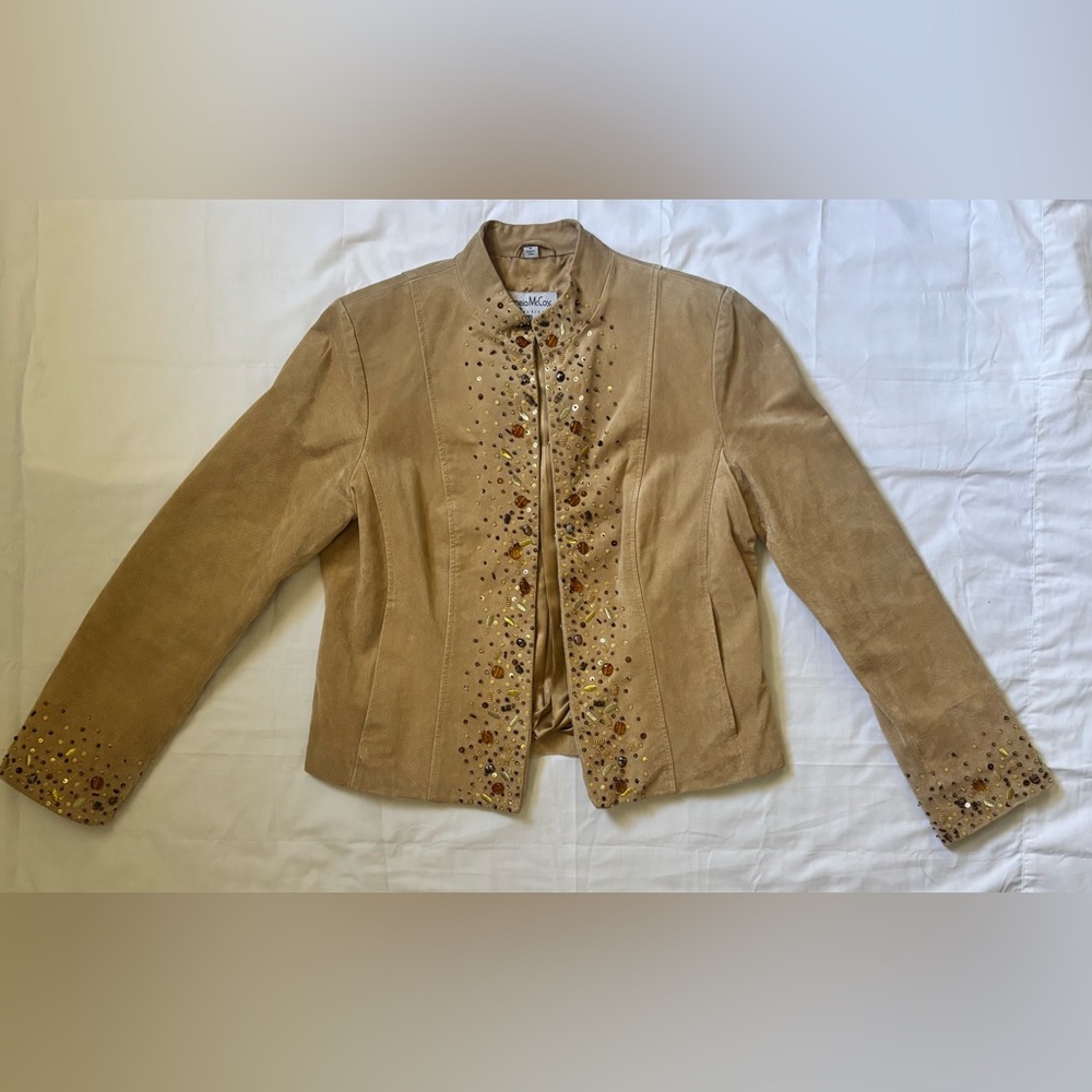 Pamela McCoy Women’s Classic Beaded Suede Jacket in Camel Sz M